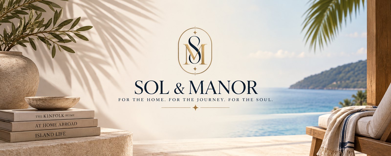 A sunlit stone terrace with olive branches and an infinity pool overlooking the Pacific, with the Sol & Manor logo